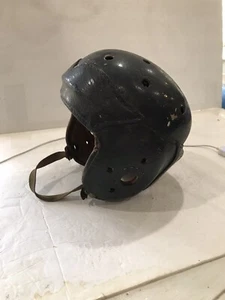 vintage leather football helmet open face hard shell on top chin strap blue - Picture 1 of 9