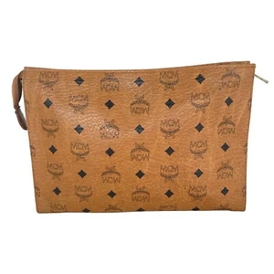 MCM Visetos Monogram Brown Clutch Bag Travel Pouch Beige Logo Handbag Authentic - Picture 1 of 7