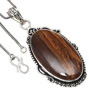 Pendant Tiger's Eye Gemstone Valentine'Day Gift Silver Jewelry 2.75" - Picture 1 of 7
