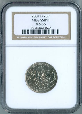 2002 D NGC MS66 Mississippi 25c Uncirculated State Quarter, LOW START PRICE! - Image 1 of 2