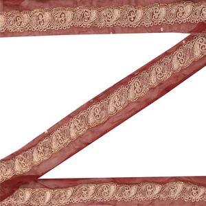 Sanskriti Vintage Sari Border Hand Beaded 1 Yd Trims Decor 1.5'W Ribbron Maroon - Picture 1 of 6
