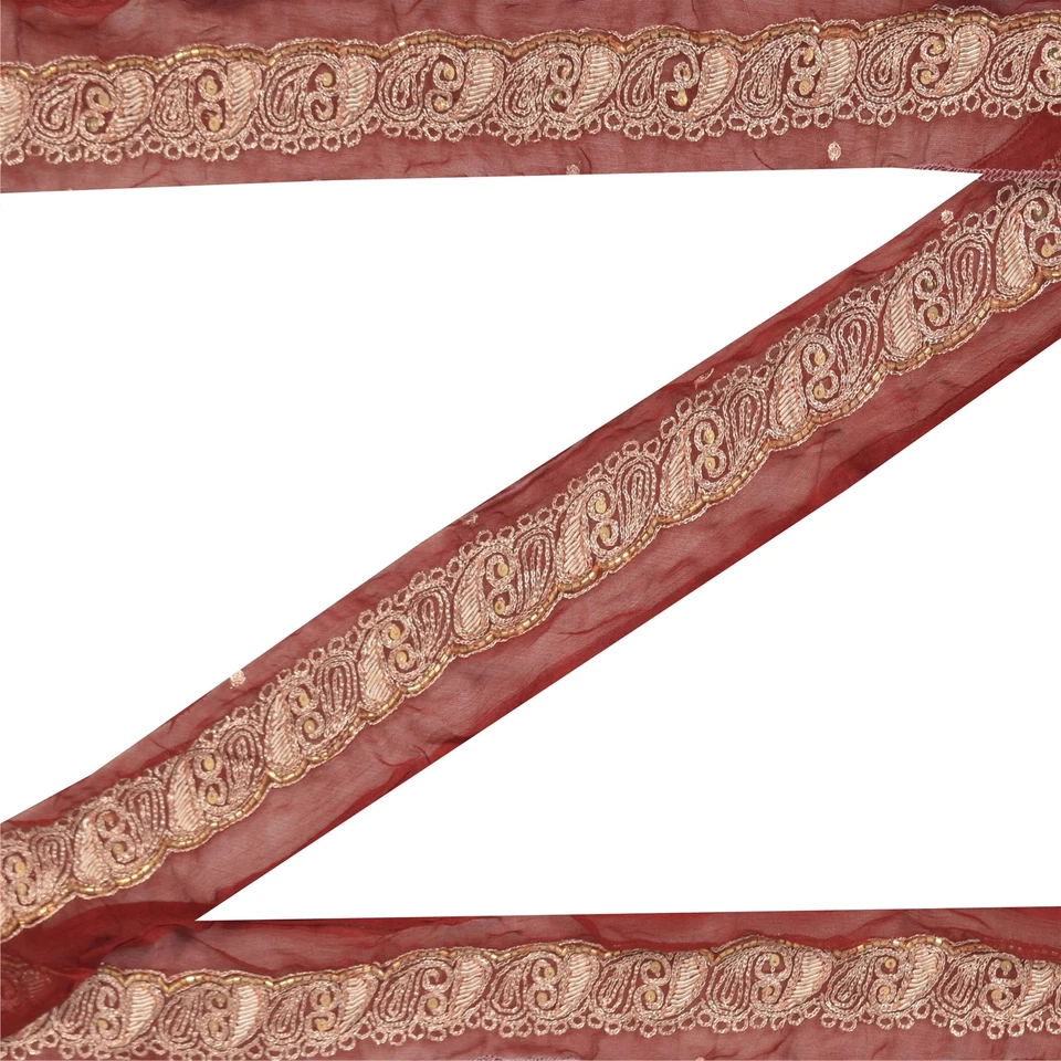 Sanskriti Vintage Sari Border Hand Beaded 1 Yd Trims Decor 1.5'W Ribbron Maroon - Image 1 of 4