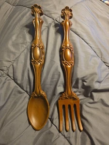 Set forchetta cucchiaio da parete ceramica Arnels vintage anni 70 16" marrone retrò cucina - Foto 1 di 5