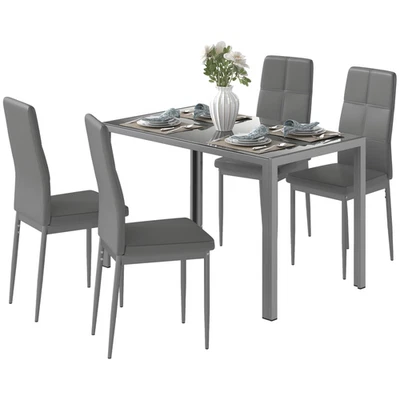 Dining Table & 4 Chairs Grey 120x70x75cm Tempered Glass Steel Frame PU Seats x4 - Image 1 of 4