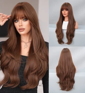 Heat Resistant Hair Cosplay Wigs With Fringe Brown Long Wavy Halloween Natural - Picture 1 of 6