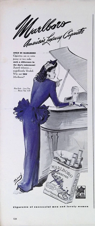 Anuncio impreso vintage años 40 Marlboro cigarrillo piano hermosa mujer púrpura fumando Foto 1 de 1