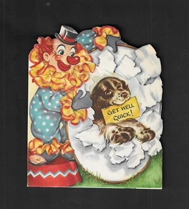 Vintage geprägter Fairfield Gruß SCHNELL GESUND WERDEN! Karte Zirkus Clown & Welpenspiel - Bild 1 von 3