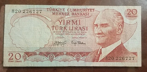 Turkey 20 Lira P187a.2 VF Cover
