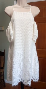 Speechless Kleid Cold Shoulder Ivory Wellenbesatz Blumen Spitze Etuikleid Sommerkleid M - Bild 1 von 13