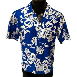 Vtg 50 60's Waltah Clarkes Royal Blue HAWAIIAN Floral LOOP COLLAT Aloha Shirt M - Picture 1 of 8