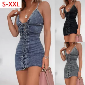 Vestito donna sexy scollo a V denim elasticizzato senza maniche fascia mini abito bodycon - Foto 1 di 10