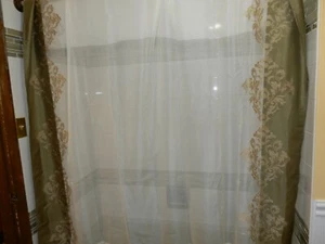 CLOTH FABRIC SHOWER CURTAIN SAGE GREEN BEIGE GOLD SHEER 71 X 70 1/2 INCHES NEW - Picture 1 of 3