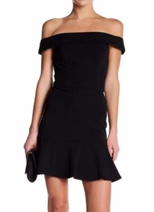 ABS Allen Schwartz ~ Black Crepe Off Shoulder Ruffle Hem Party Dress S NEW $318 - Picture 1 of 5