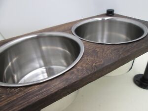 Industrial Style Rustic Wood and Metal Pipe Double Pet Dog/Cat Feeder w/ Stand