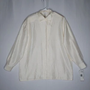 Jones NY Vtg Silk Blouse 12 Petite Women Cream Dupioni Button Collar Long Sleeve - Picture 1 of 8
