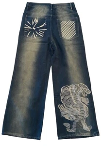 Super Wide Leg Embroidered Dragon 5 Pocket Blue Medium Jeans SMALL 34 3/8" Waist - Picture 1 of 10