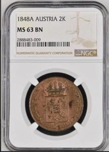 Austria 1848A copper 2 Kreuzer, original luster NGC MS63 Brown – rare nice nice - Picture 1 of 4