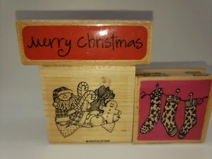 Set of 3 Merry Christmas Stocking Snowman Present Wood Rubber Stamp - Picture 1 of 12