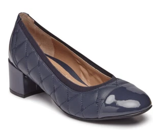 Vionic Ruby Quilted Leather Block Heel Pumps Blue Orthotic Womens 8 Wide New - Picture 1 of 5