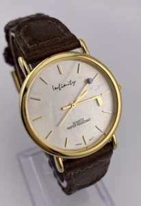 Vintage Men’s Round Gold Tone Golf Club Ball Dial Leather Braid Band Watch Sport - Picture 1 of 12
