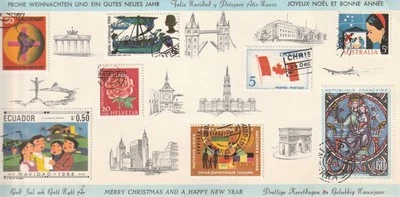 1968 Large Christmas Card With Several Countries Represented By Postage Stamps - Image 1 of 3