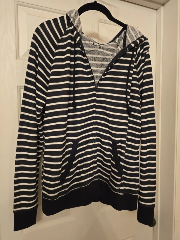 Women's Zip Up Sweater Jacket. Navy Blue And White Stripes.  Large With Hoodie - Image 1 of 4