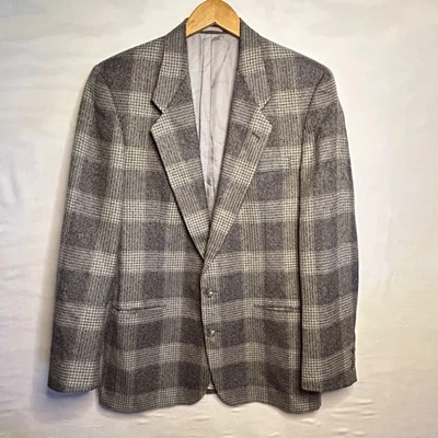 Blazer Abrigo Deportivo Chaqueta 43 Lana Neiman Marcus Gris Tweed Cuadros Ventana Foto 1 de 4