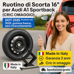 💥 Kit Ruotino di Scorta Audi A1 Sportback 16” 5 Fori Cric Omaggio DOT2025 🛞 - Imagen 1 de 11