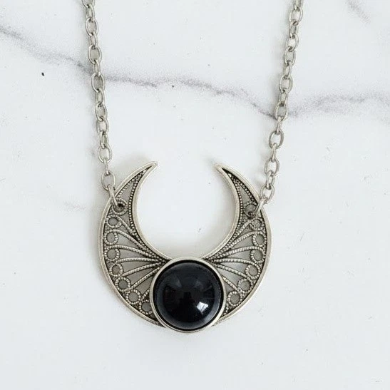 Collar Luna Media Luna, Tono Plata, Piedra Obsidiana Negra Colgante Dije Joyería Foto 1 de 1