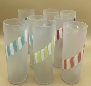 8er Set Vintage Libbey mattiert Bonbon Streifen Collins Gläser MCM IOB - Bild 1 von 4