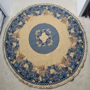 Vintage Italian Accent Scatter Rug 68" Circle Pumpkin Corn Blue Checker Floral - Picture 1 of 7