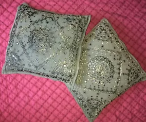 Hand Embroidered Cushion Covers. Pair. Indian Mirror Work. 40cm Square - Picture 1 of 5