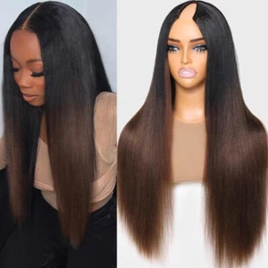 Bonitas pelucas rectas brasileñas parte en V ombre marrón yaki con cordón cabello humano - Imagen 1 de 7