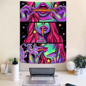 Hippie Girl Smoking Tapestry Weed Cannabis Trippy Wall Hanging Cloth Decor - Picture 1 of 12