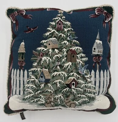 Tapestry Christmas Holiday Winter Tree Birds Throw Pillow 16” - Image 1 of 4