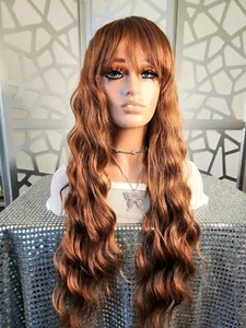 28"Red Wig Long Red Auburn Wig with Bangs Wavy Autumn Wig Ombre Curly Wig Bangs - Picture 1 of 11