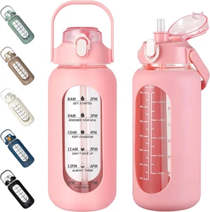 64Oz Glass Water Bottles with Straw, Half Gallon Motivational Bottle Silicone Sl - Picture 1 of 12
