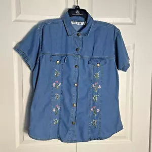 Vintage 90s Jane Ashley Shirt Women Large Blue Embroidered Button Up Denim Top - Picture 1 of 10