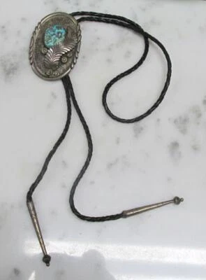 Cierre de corbata vintage de cuero negro turquesa esterlina Bolo ~ 40" ~ 6-B669 Foto 1 de 4