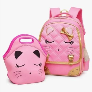 Mochila escolar Efree Pink Kitty Cat con bolsa de almuerzo detalles de estrás dorados - Imagen 1 de 4