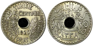 Tunisia Muhammad V AH1338 1920 A 25 Centimes Paris Mint UNC KM# 244 (21 475) - Picture 1 of 3