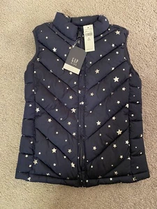 New GAP Kids Girls M 8-9 Puffer Vest Jacket Coat Blue Silver Stars Metallic Zip - Picture 1 of 3