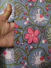 Bagru Pink Floral Hand Block Print Running Cotton Voile Fabric By The Yard