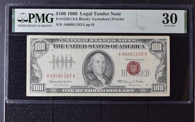 1966 $100 Legal Tender Note Bill - Fr#1550, AA Block, - PMG Graded 30 - Image 1 of 2