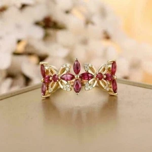 Marquise Cut Ruby Pink Diamond Cluster Engagement Ring 14K Yellow Gold Finish - Picture 1 of 8