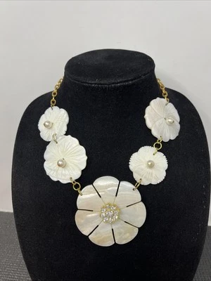 Rhinestone Pearl Necklace MOP Shell Floral Statement Tropical Feminine 20” - Image 1 of 4