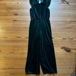 Bonnie Jean dark green velvet ruffle cap sleeve wide leg jumpsuit SIZE 14 - Picture 1 of 4