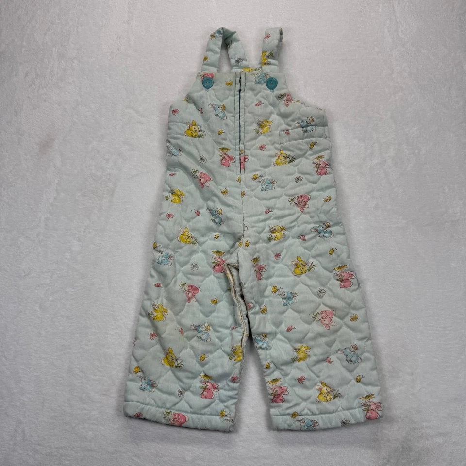 Vintage Quilted Overalls Bunny Print Zip Up Sleeveless Jumpsuit Romper Kids READ - Image 1 of 4