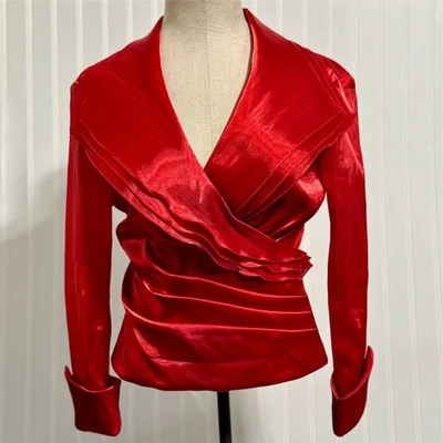 Cachet Y2K Red Liquid Satin Blouse 8 Wrap Ruched Portrait Collar Holiday Glam - Image 1 of 4