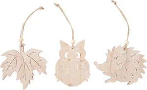 Set ciondoli in legno VBS riccio gufo foglia d'acero da 9 a 11 cm 3 pezzi decorazione fai da te - Foto 1 di 5